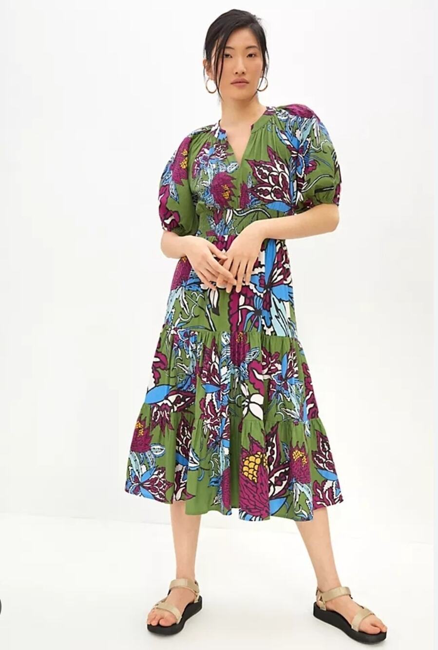 Anthropologie Conditions Apply Green Purple Floral Cotton Midi Dress US 4 UK 8
